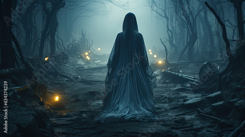 Mysterious woman with white veil walking in the dark forest with a terrifying atmosphere. Halloween concept.