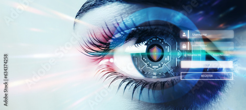 Eye scanning, biometric authentication, processing of biometric for access personal data. surveillance and security scanning of digital programs cyber futuristic applications. Generative AI photo