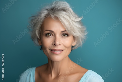 adult attractive woman smiling, about 50 years old on a plain background, studio light, portrait, beautiful aging, AI generated
