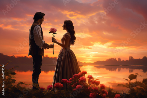 Romantic Sunset Gesture: Young Man Offering a Bouquet of Flowers. Ai generated