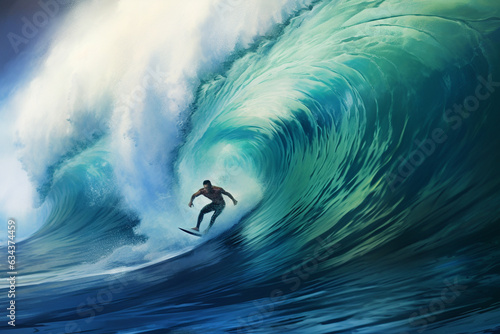 Surfer fearlessly rides a colossal blue wave, capturing a thrilling moment of adrenaline and skill as they conquer the powerful forces of the ocean. Ai generated © twindesigner