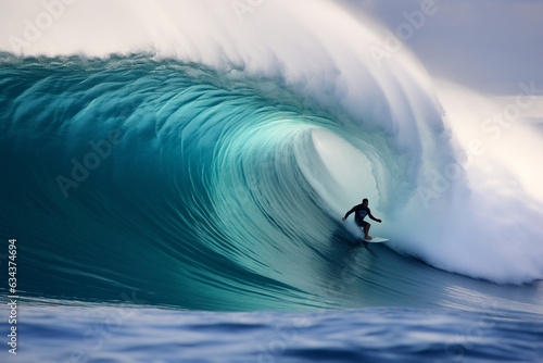 Surfer fearlessly rides a colossal blue wave, capturing a thrilling moment of adrenaline and skill as they conquer the powerful forces of the ocean. Ai generated