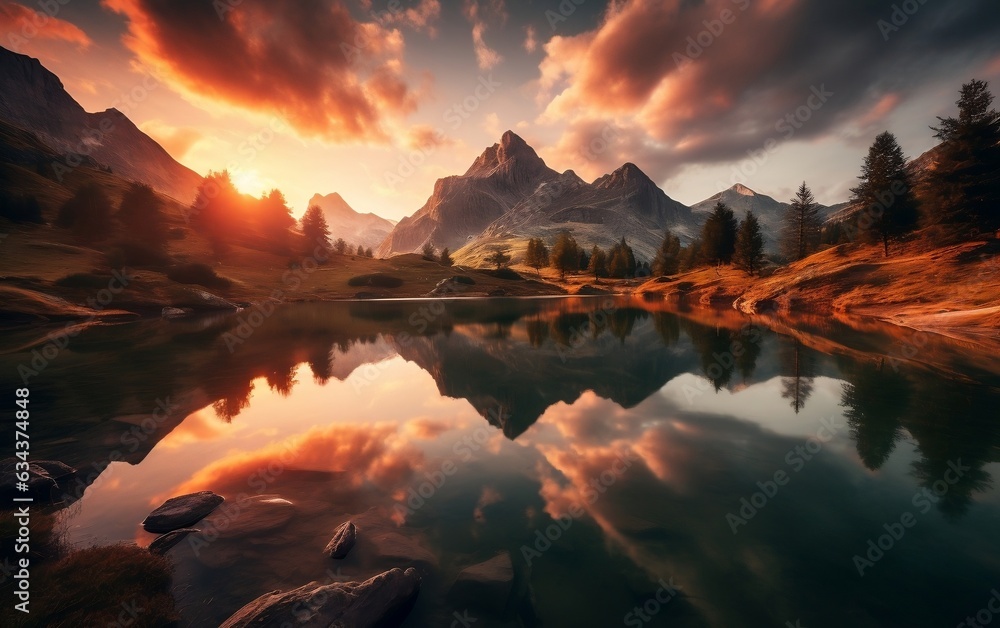 Austrian Mountain Lake Sunset. Generative AI