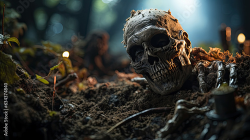 A zombie emerges from a grave in the dark forest with a terrifying atmosphere. Halloween and scary concept.
