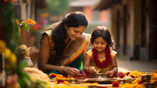 Traditionally dressed Indian ethnic mother and daughter making colourful arrangement with flowers in-front of their house. Concept for Onam festival in Kerala