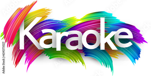 Karaoke paper word sign with colorful spectrum paint brush strokes over white. Vector illustration.