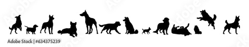 Vector illustration. Silhouettes of dogs of different breeds and sizes. Big set of animals.