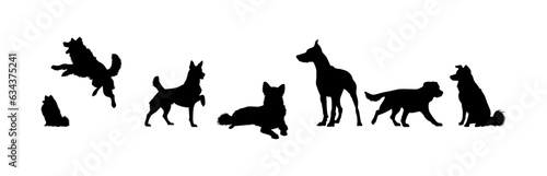 Vector illustration. Silhouettes of dogs of different breeds and sizes. Big set of animals.