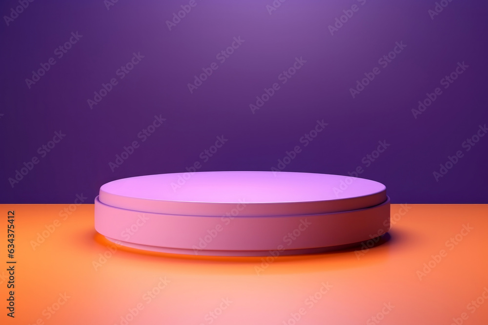 The pink round podium is placed on an attractive orange base, accompanied by a surrounding purple background, providing an elegant and classy touch, making the product presentation highly appealing. The pink round podium is placed on an attractive orange base, accompanied by a surrounding purple background, providing an elegant and classy touch, making the product presentation highly appealing.