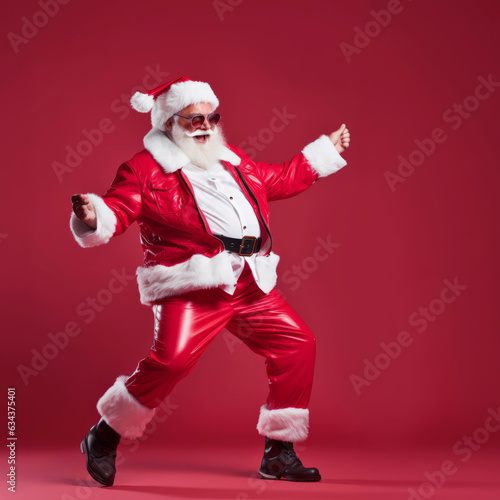 Cool Santa Claus dancing on red background.