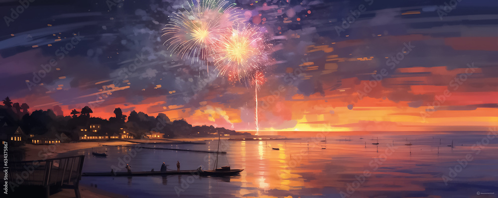 A panoramic digital painting illustrates a night sky ignited by a spectacular display of graphic fireworks, set against a backdrop of a beach, mountains, sea, and city.  Generative AI.