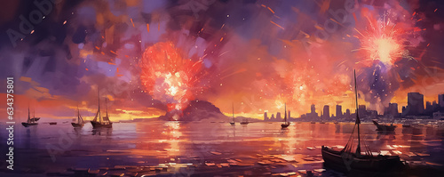 A panoramic digital painting illustrates a night sky ignited by a spectacular display of graphic fireworks  set against a backdrop of a beach  mountains  sea  and city.  Generative AI.