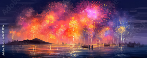 A panoramic digital painting illustrates a night sky ignited by a spectacular display of graphic fireworks  set against a backdrop of a beach  mountains  sea  and city.  Generative AI.