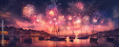 A panoramic digital painting illustrates a night sky ignited by a spectacular display of graphic fireworks, set against a backdrop of a beach, mountains, sea, and city.  Generative AI.