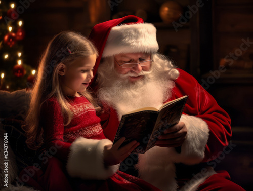 Santa Claus and little girl reading book. Candid Christmas moment
