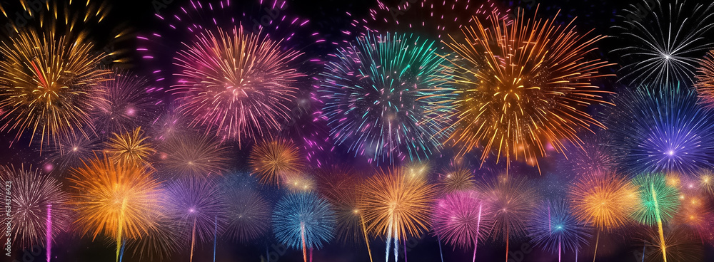 Fototapeta premium A panoramic digital painting portrays a night sky illuminated by a stunning display of graphic fireworks, capturing the essence of a captivating festival. Generative AI.