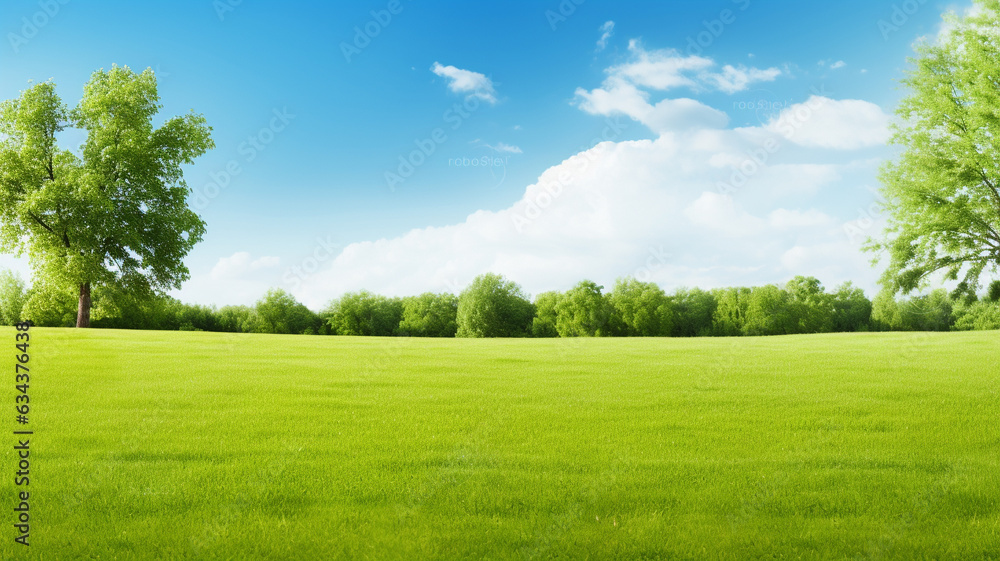 Green lawn and trees background with copyspace. Nature background concept. Generative AI