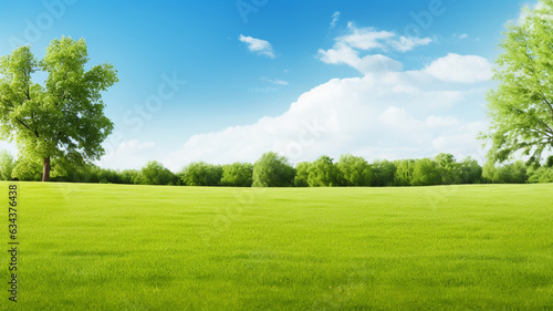 Obraz na płótnie Green lawn and trees background with copyspace. Nature background concept. Generative AI w salonie