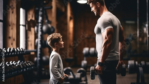 Father with his son in the same clothes in the gym. Generative AI