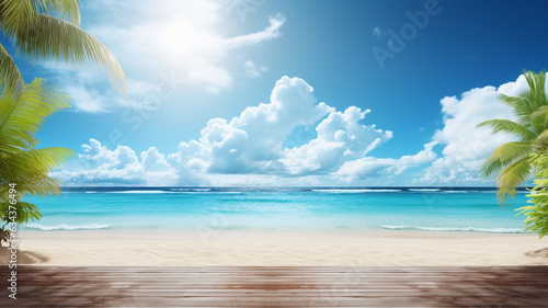 A summer vacation  holiday background of a tropical beach and blue sea and white clouds with sun flare. Generative AI