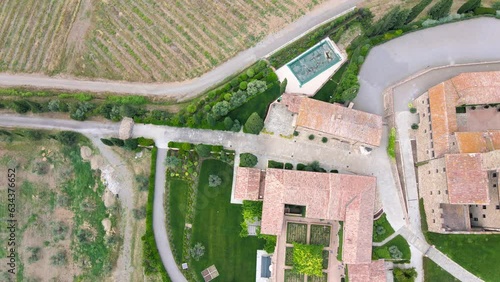 Banfi Castle in Tuscany, view in spring season from drone photo