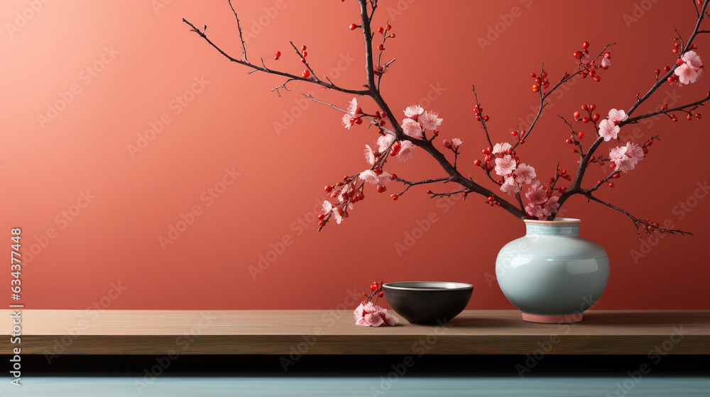 A photo of a japanes flower with minimalistic background with copy space A photo of a japanes flower with minimalistic background with copy space