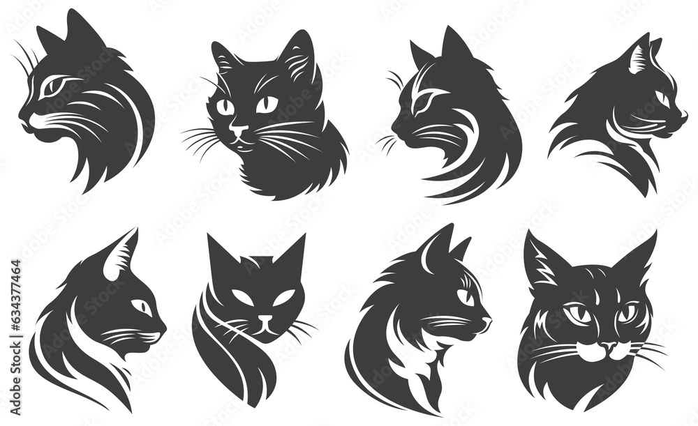 Heads of cats abstract character illustrations. Graphic logo of predator design template for emblem. Image of feline portraits.