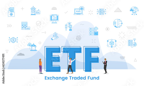 etf exchange traded fund concept with big words and people surrounded by related icon with blue color style