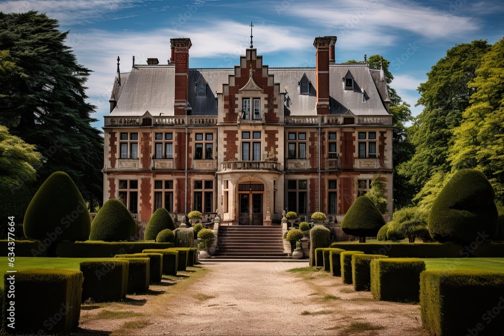 Luxury Manor in Normandy: Stunning French Castle Estate with Stone and Brick Architecture, Park Views, and Lush Green Grass: Generative AI