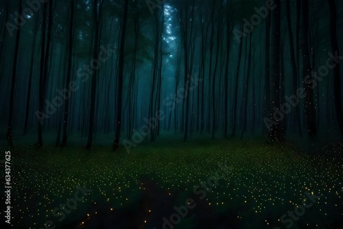 A dark and eerie forest into a peaceful scene with fireflies lighting up the night