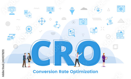 cro conversion rate optimization concept with big words and people surrounded by related icon with blue color style
