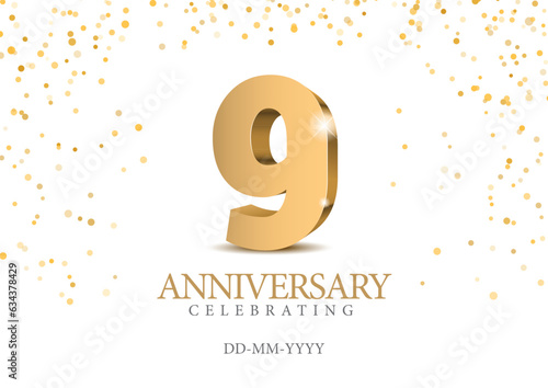 Anniversary 9. gold 3d numbers. Poster template for Celebrating 9th anniversary event party. Vector illustration