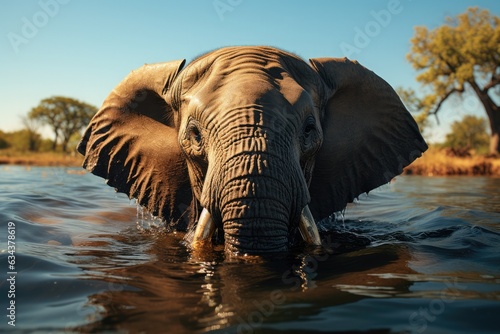 Elephant graze and bathe, cooling off on the lake