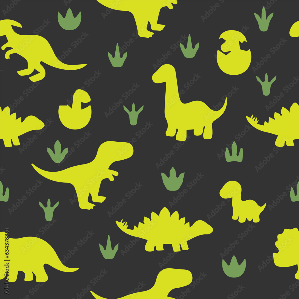 Seamless pattern with yellow dinosaurs on a gray background. Children's background, cartoon, textile, cover. Seamless pattern with yellow dinosaurs on a gray background. Children's background, cartoon, textile, cover.