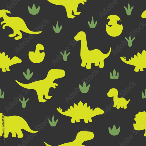 Seamless pattern with yellow dinosaurs on a gray background. Children's background, cartoon, textile, cover.