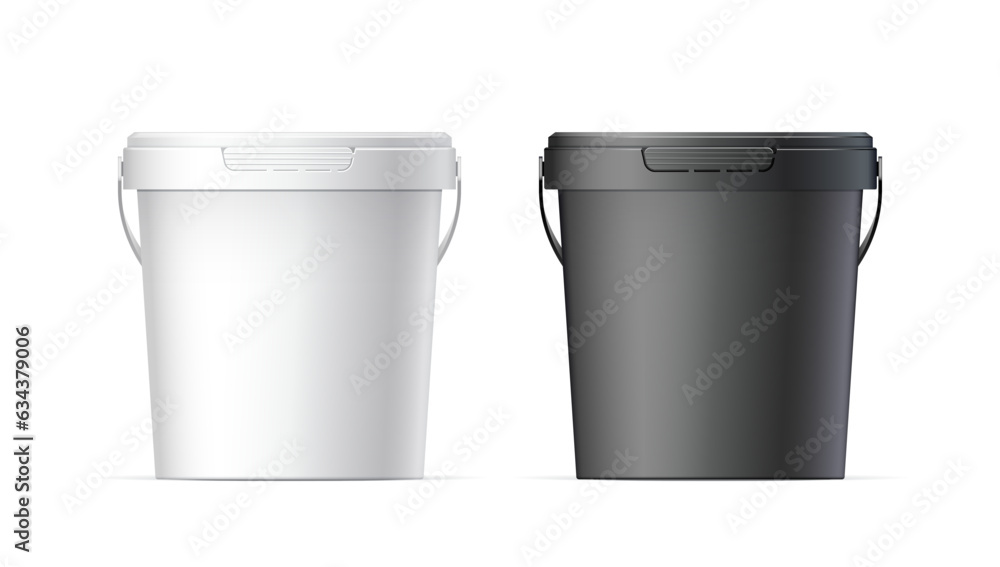 White and black plastic buckets with lid. Product Packaging For food, foodstuff or paints, adhesives, sealants, primers, putty. MockUp Template For Your Design. Vector illustration. White and black plastic buckets with lid. Product Packaging For food, foodstuff or paints, adhesives, sealants, primers, putty. MockUp Template For Your Design. Vector illustration.