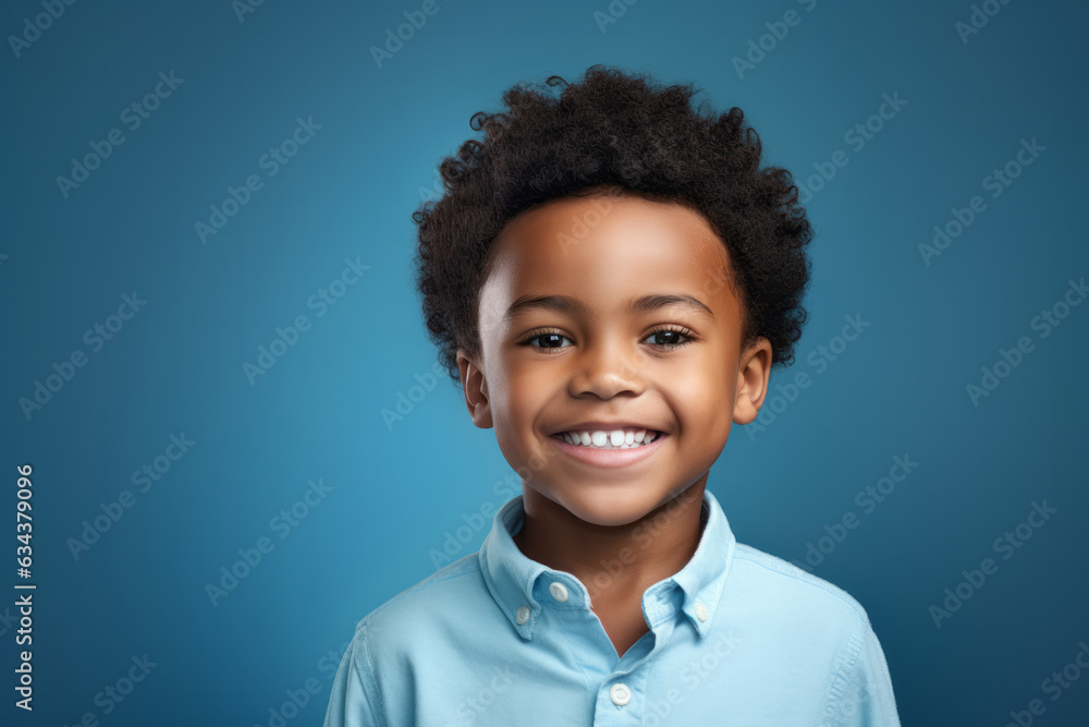 Joyful African American Boy with a Charming Smile on Vibrant Blue Studio Background Joyful African American Boy with a Charming Smile on Vibrant Blue Studio Background