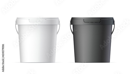 White and black plastic buckets with lid. Product Packaging For food, foodstuff or paints, adhesives, sealants, primers, putty. MockUp Template For Your Design. Vector illustration.