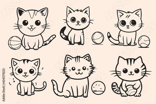 Fototapeta doodle sketch collection set of illustrations kittens playing ball