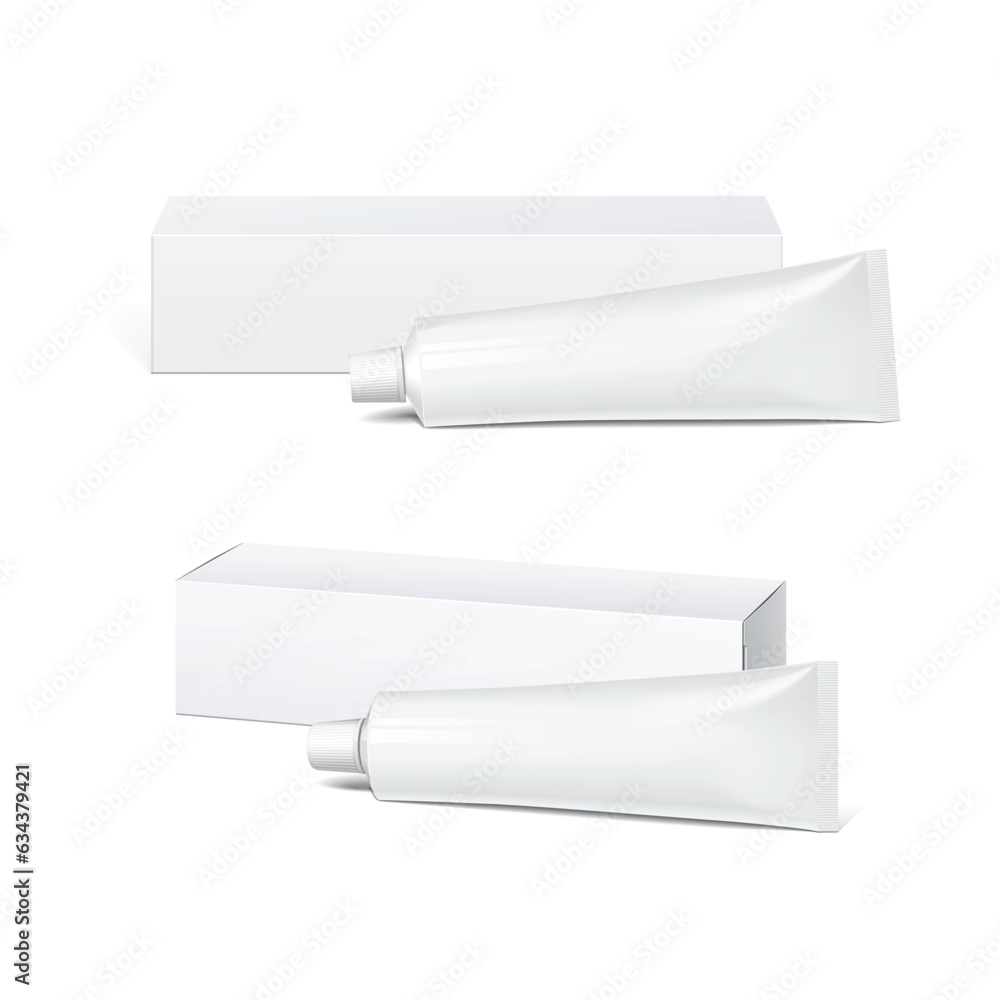 Cool Realistic white tube and packaging. For cosmetics, ointments, cream, tooth paste, glue. Template For Mockup Your Design. vector illustration. Cool Realistic white tube and packaging. For cosmetics, ointments, cream, tooth paste, glue. Template For Mockup Your Design. vector illustration.