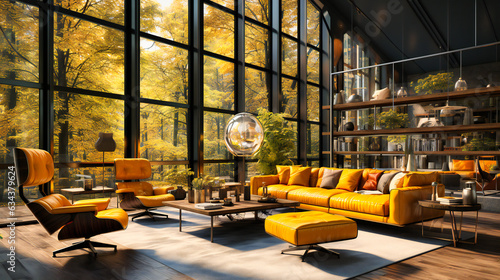 industrial style interior office with yellow chairs and windows