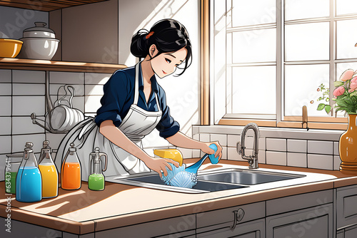 a housewife washing the dishes. Generative AI