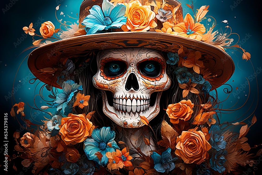 Autumn's allure merges with Day of the Dead symbolism in a captivating watercolor artwork. Autumn's allure merges with Day of the Dead symbolism in a captivating watercolor artwork.