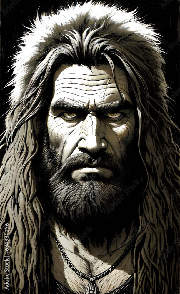 artistic closeup portrait of a primitive caveman with beard artistic closeup portrait of a primitive caveman with beard