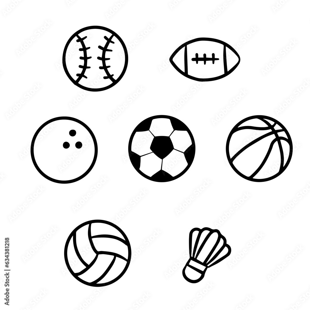 sport balls outline basketball, bowling, rugby, badminton, baseball, volleyball, football, soccer. 