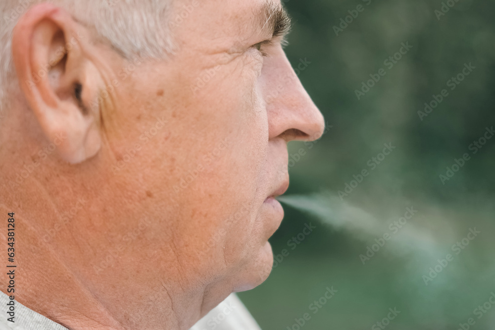 Senior man lighting up a cigarette outdoors against green nature background. Old thoughtful man smoking, looking aside. Close Up Face. Relaxed pensioner enjoy weekend rest outside. Unhealthy habits Senior man lighting up a cigarette outdoors against green nature background. Old thoughtful man smoking, looking aside. Close Up Face. Relaxed pensioner enjoy weekend rest outside. Unhealthy habits