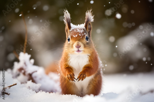 Cute red squirrel in the falling snow, animals in winter. High quality photo