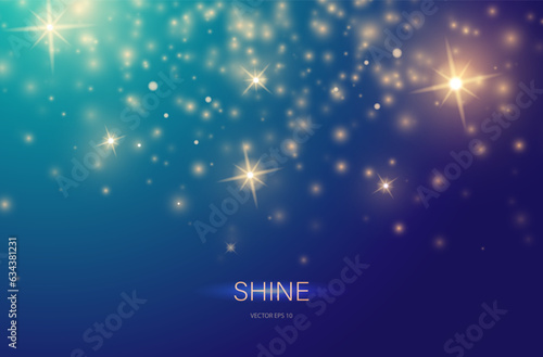 Stardust. Christmas glowing dust background. Light effect of golden stars and sparks. Sparkling elements on a blue gradient background. Vector EPS 10.
