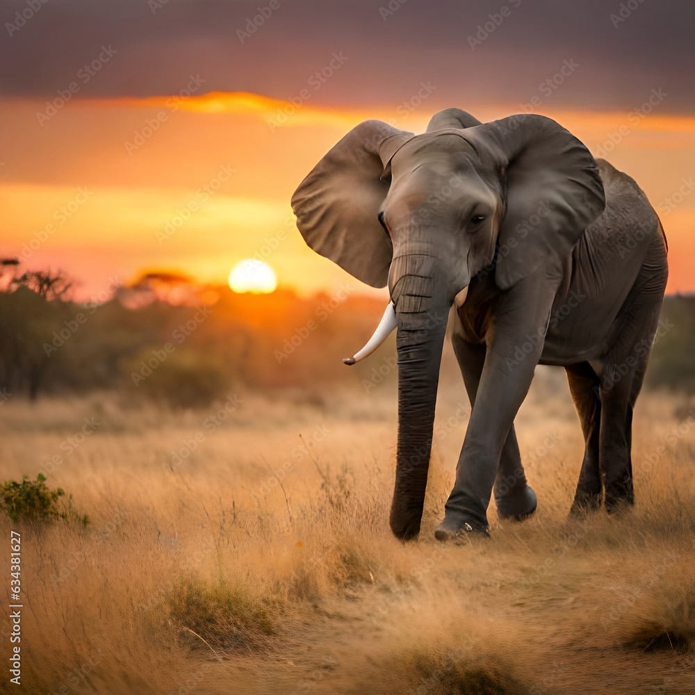 Fototapeta premium African Safari Elegance: Majestic Elephant Amidst Vibrant Sunset Backdrop
