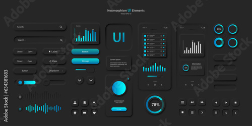 A set of user interface elements for a mobile application in black and blue. User interface icons for the internet, social networks, and business. Neomorphic UI UX design collection. Vector